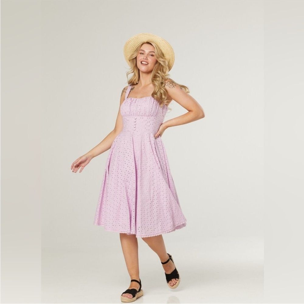 Timeless London Valerie Lilac Purple Eyelet Tea Length Dress Size 6 NWT